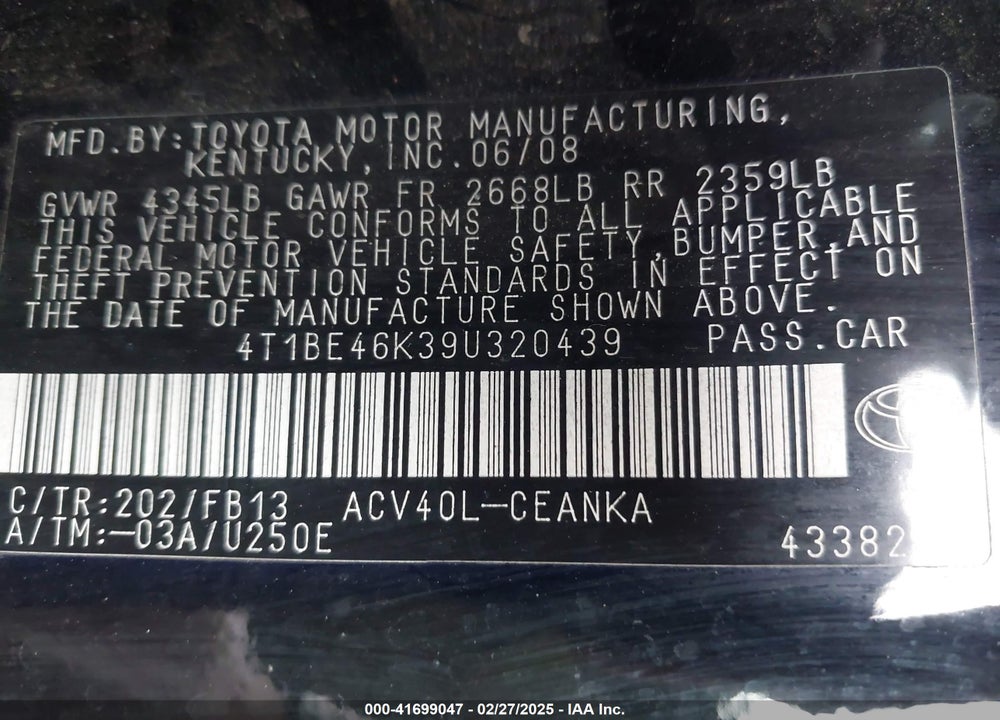 2009 TOYOTA CAMRY VIN: 4T1BE46K39U320439