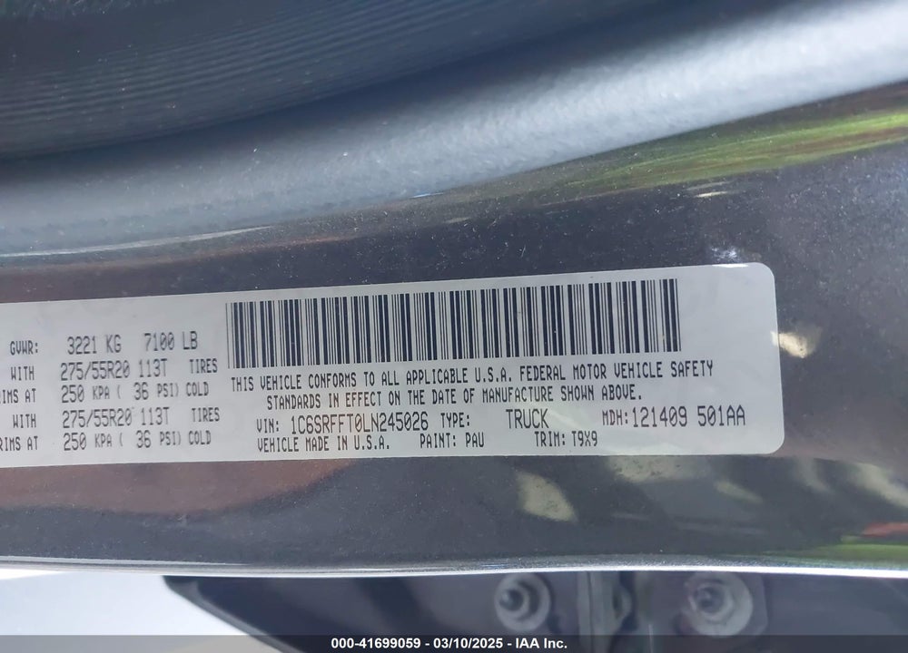 2020 RAM 1500 VIN: 1C6SRFFT0LN245026
