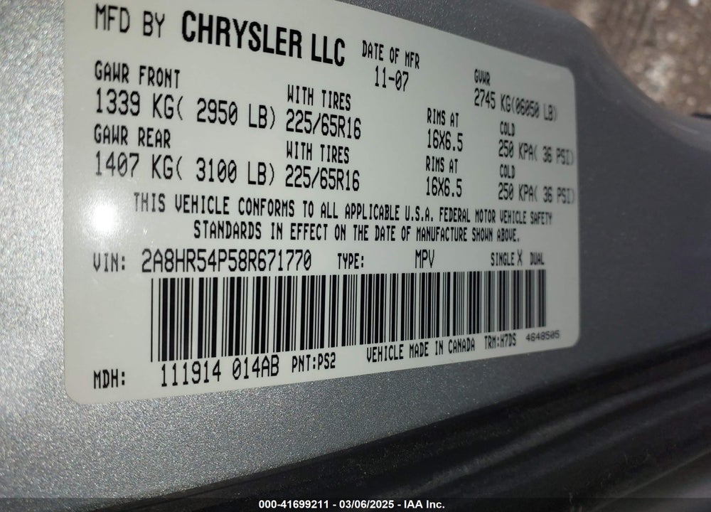 2008 CHRYSLER TOWN & COUNTRY TOURING VIN: 2A8HR54P58R671770