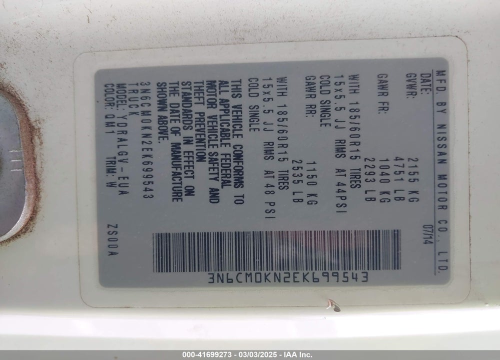 2014 NISSAN NV200 VIN: 3N6CM0KN2EK699543