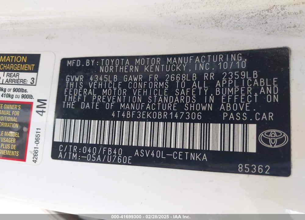 2011 TOYOTA CAMRY LE VIN: 4T4BF3EK0BR147306