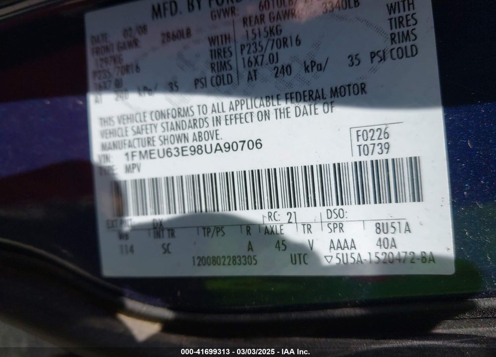 2008 FORD EXPLORER XLT VIN: 1FMEU63E98UA90706