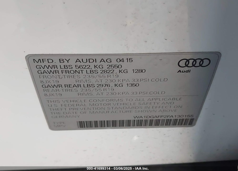 2015 AUDI Q5 VIN: WA1DGAFP2FA130155
