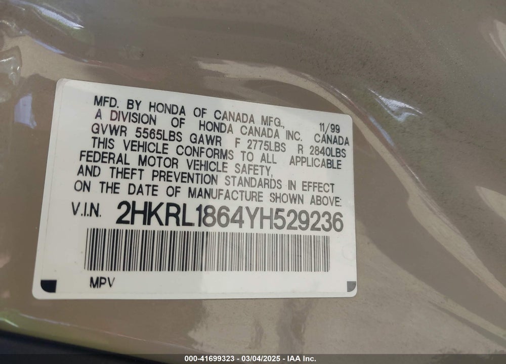 2000 HONDA ODYSSEY EX VIN: 2HKRL1864YH529236