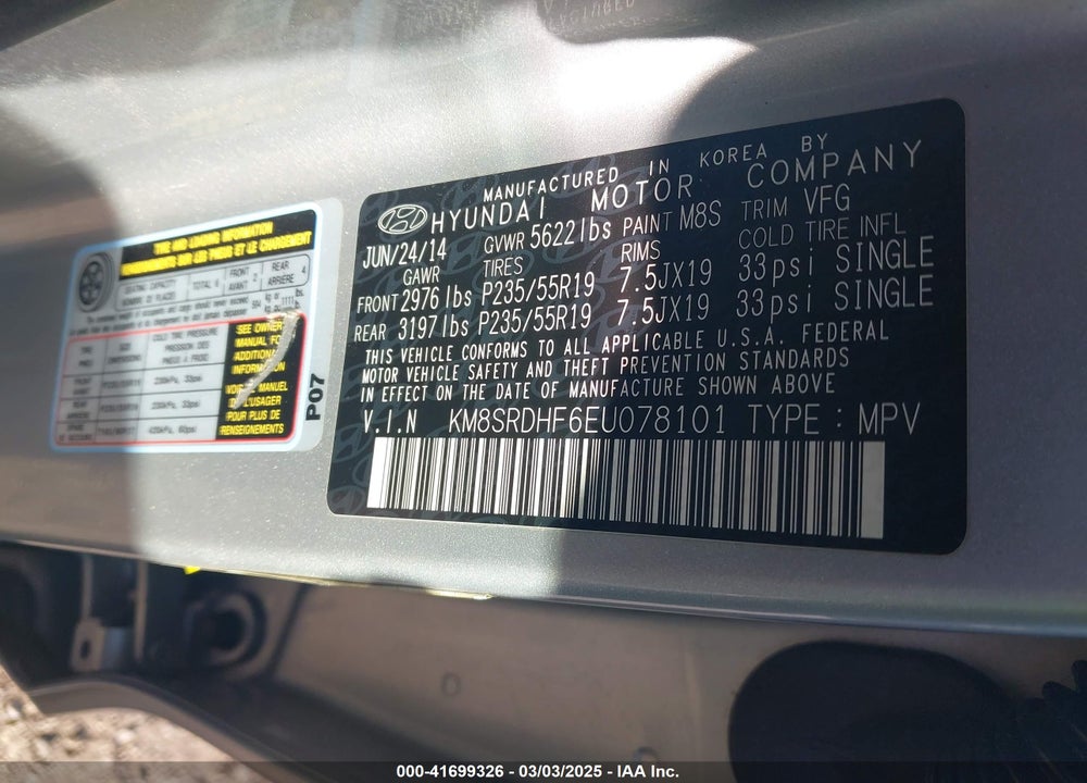 2014 HYUNDAI SANTA FE VIN: KM8SRDHF6EU078101