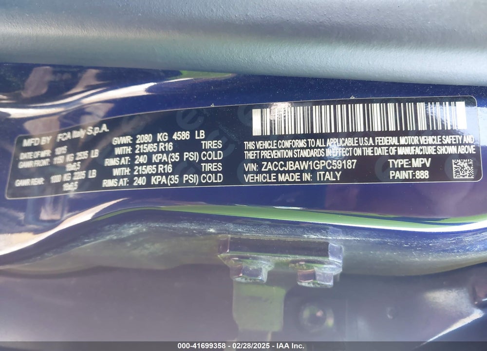 2016 JEEP RENEGADE VIN: ZACCJBAW1GPC59187