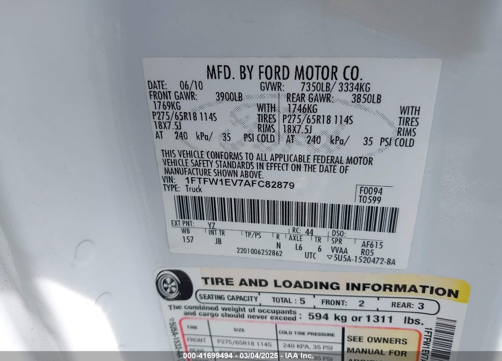 2010 FORD F-150 FX4/HARLEY-DAVIDSON/KING RANCH/LARIAT/PLATINUM/XL/XLT VIN: 1FTFW1EV7AFC82879