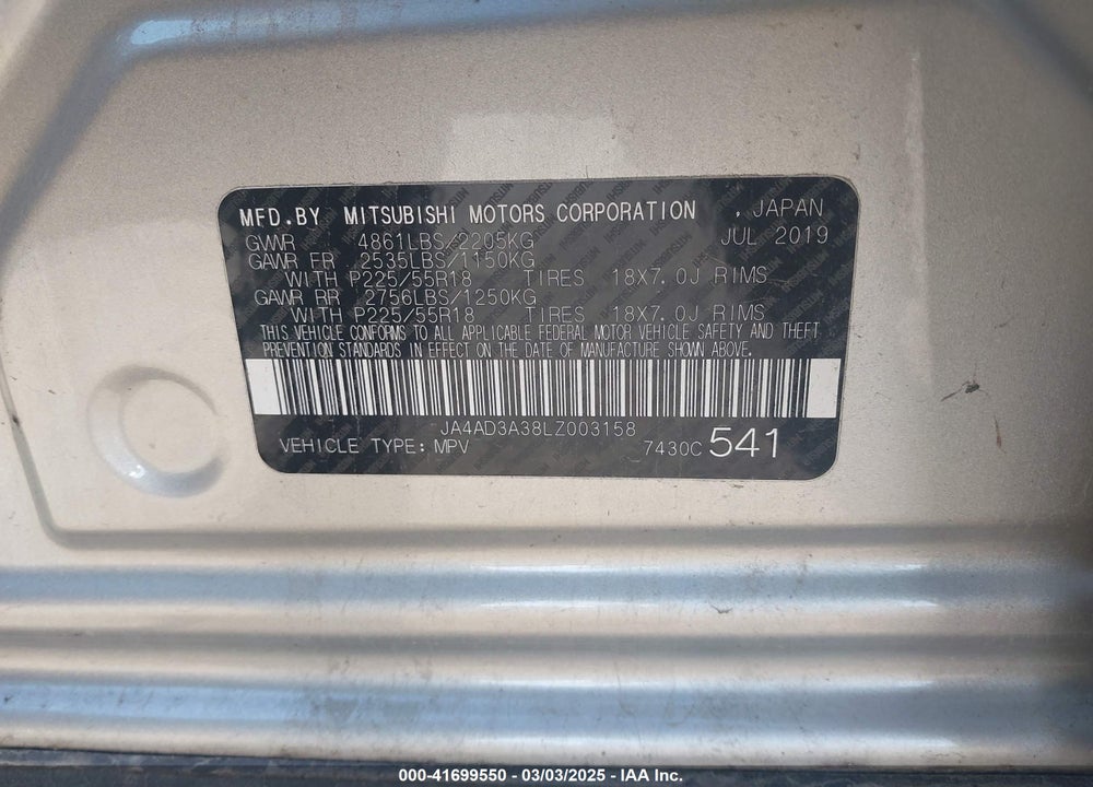 2020 MITSUBISHI OUTLANDER VIN: JA4AD3A38LZ003158