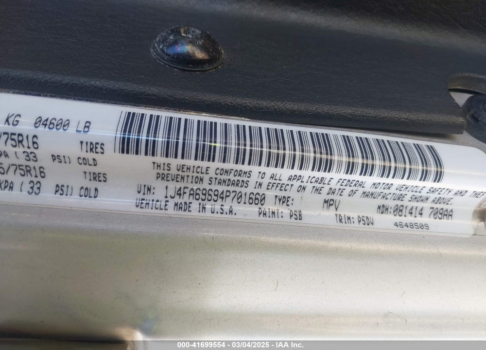 2004 JEEP WRANGLER RUBICON VIN: 1J4FA69S94P701660