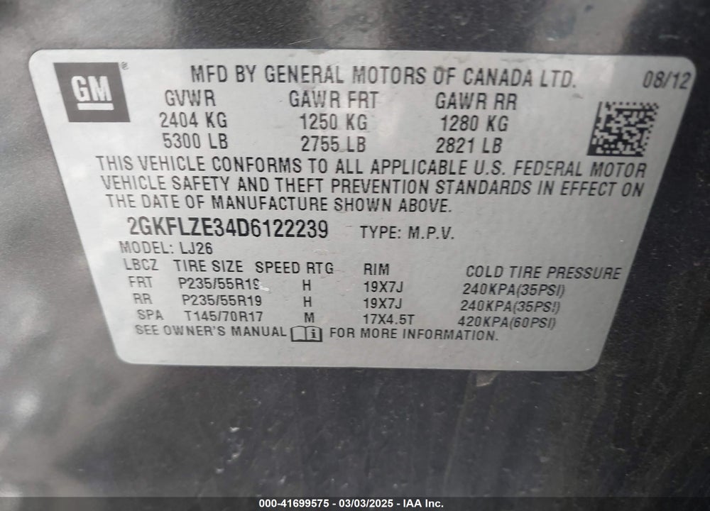 2013 GMC TERRAIN DENALI VIN: 2GKFLZE34D6122239