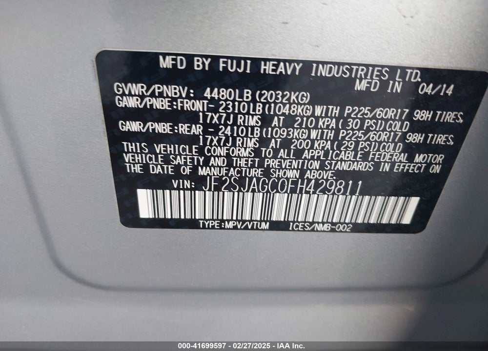 2015 SUBARU FORESTER VIN: JF2SJAGC0FH429811