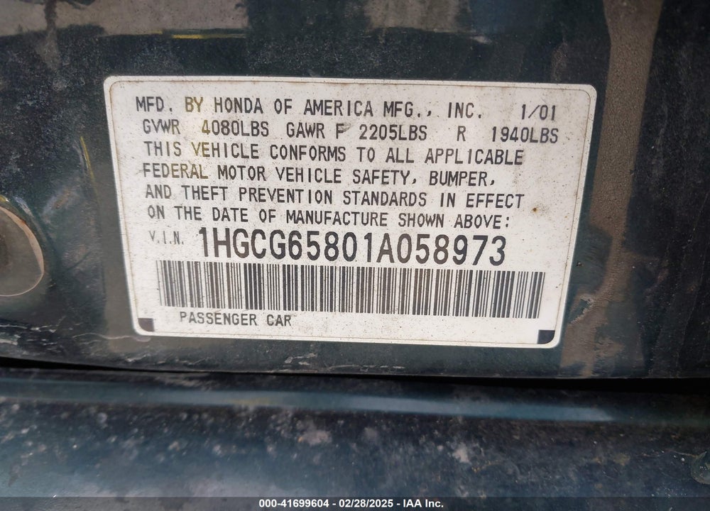 2001 HONDA ACCORD VIN: 1HGCG65801A058973