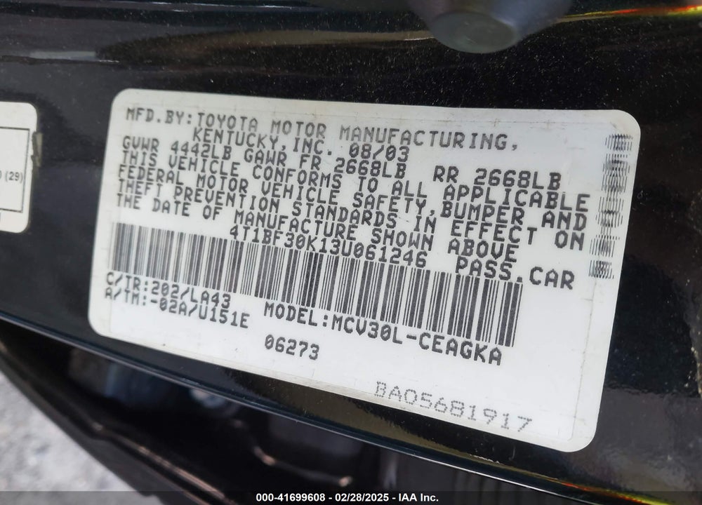 2003 TOYOTA CAMRY XLE V6 VIN: 4T1BF30K13U061246