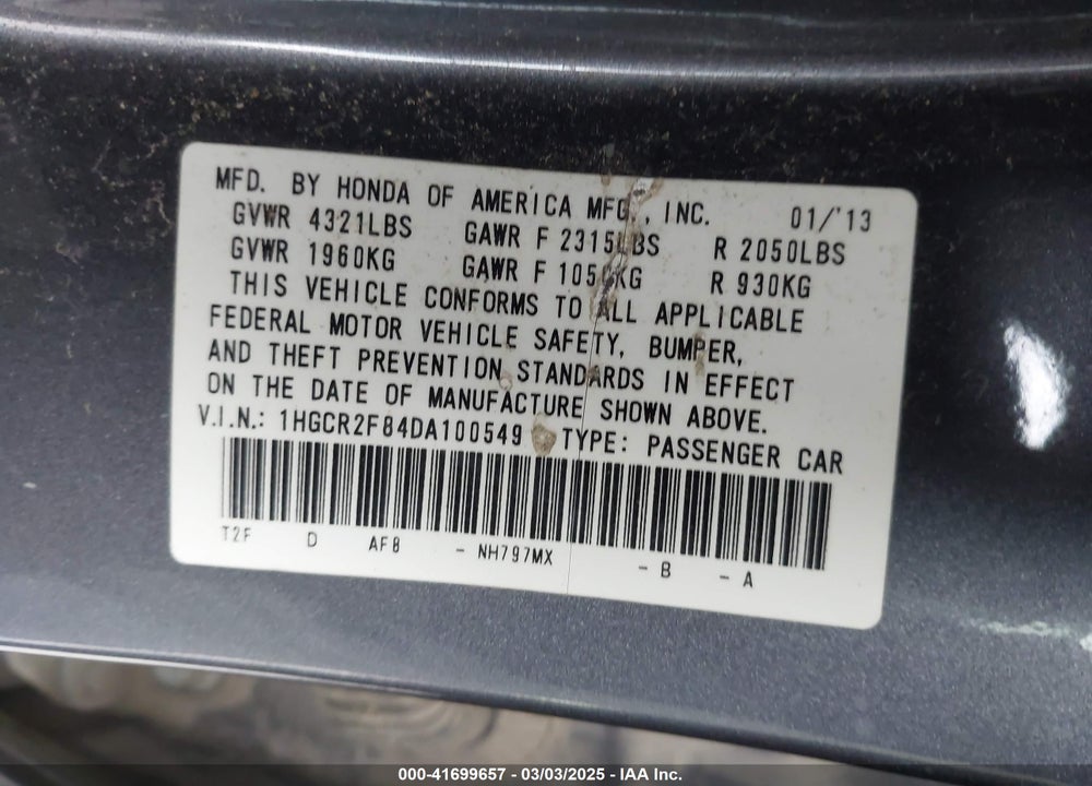 2013 HONDA ACCORD VIN: 1HGCR2F84DA100549
