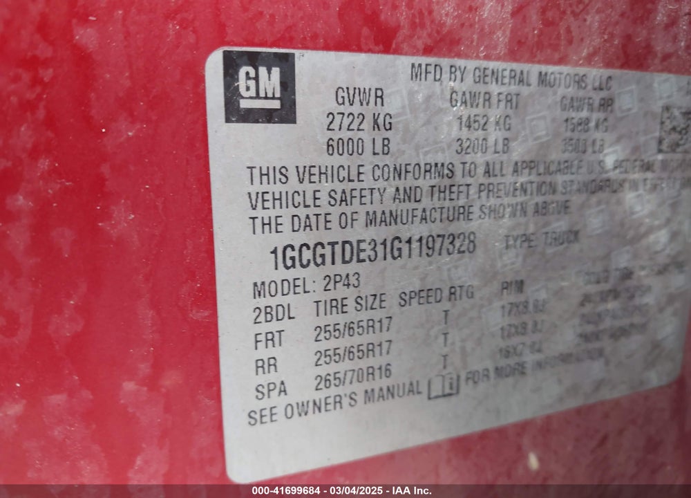 2016 CHEVROLET COLORADO VIN: 1GCGTDE31G1197328