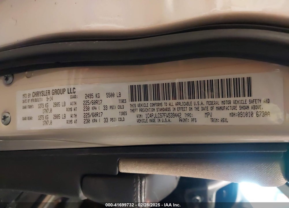 2015 JEEP CHEROKEE VIN: 1C4PJLCS7FW539442