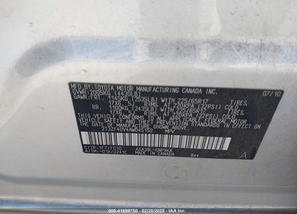 2010 TOYOTA RAV4 VIN: 2T3ZF4DV4AW045152