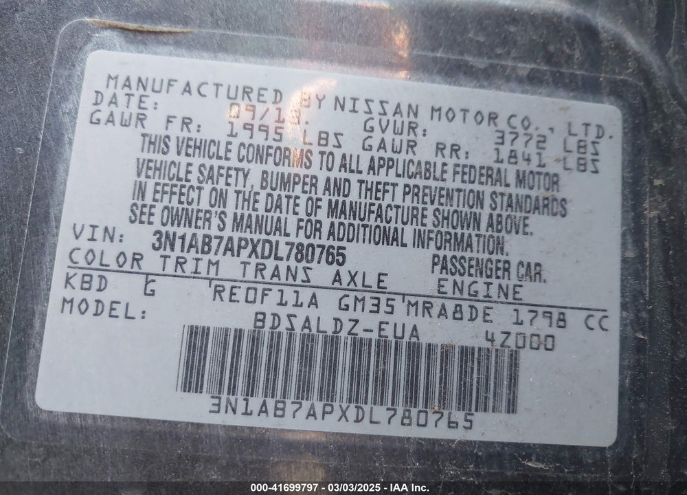 2013 NISSAN SENTRA VIN: 3N1AB7APXDL780765