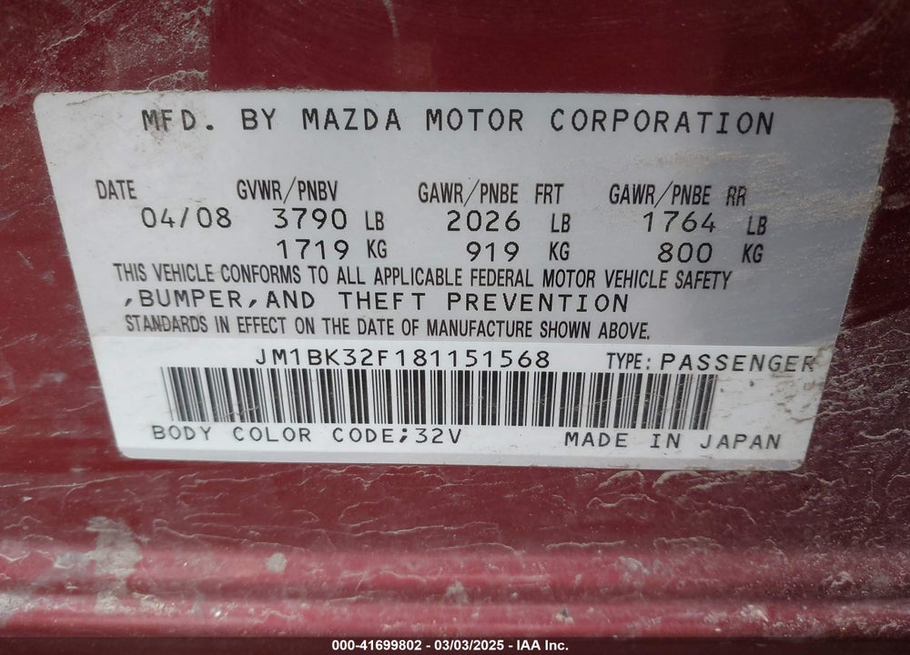 2008 MAZDA MAZDA3 VIN: JM1BK32F181151568