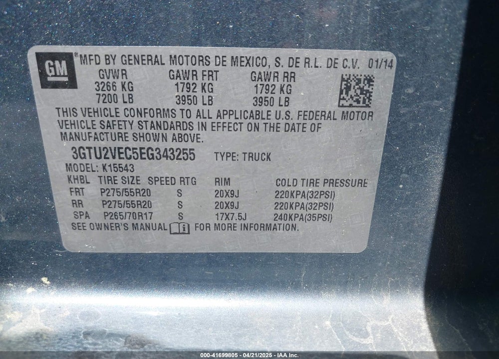 2014 GMC SIERRA 1500 VIN: 3GTU2VEC5EG343255