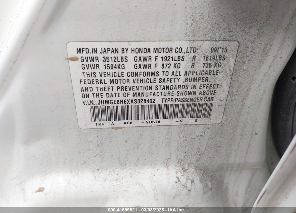 2010 HONDA FIT SPORT VIN: JHMGE8H6XAS028402