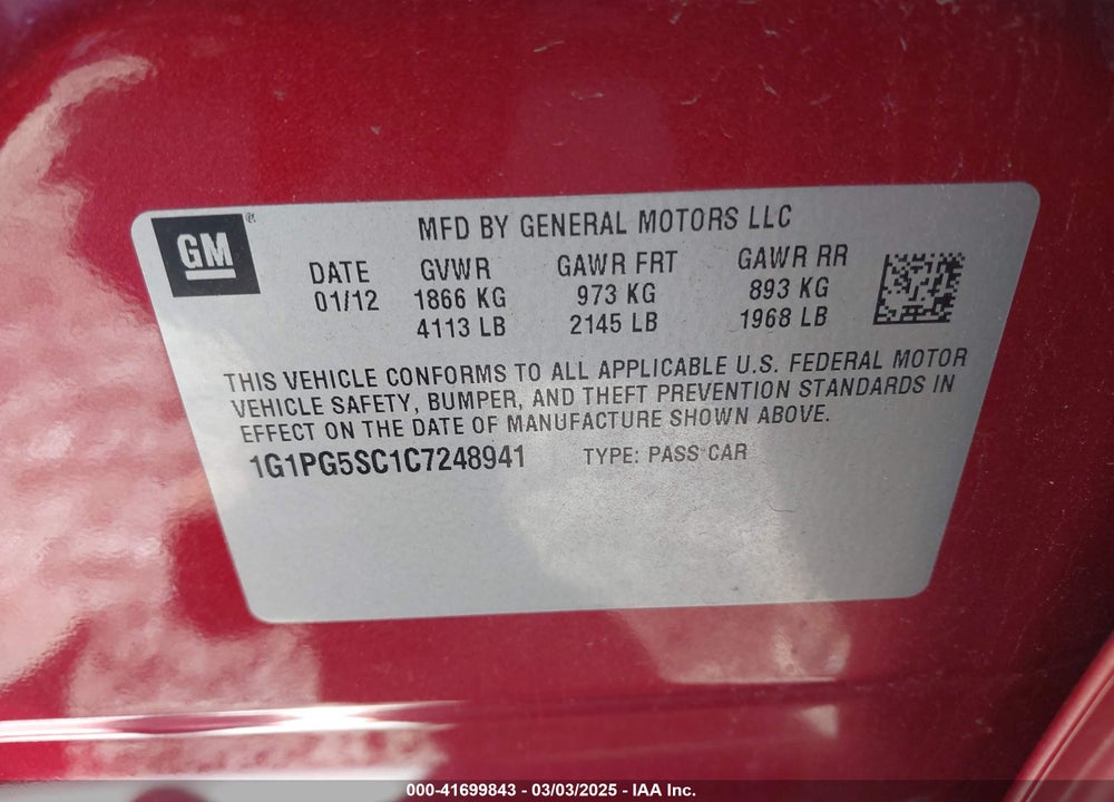 2012 CHEVROLET CRUZE VIN: 1G1PG5SC1C7248941