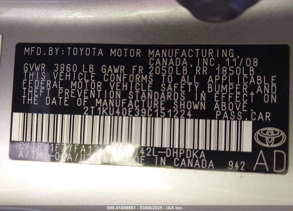 2009 TOYOTA MATRIX VIN: 2T1KU40E39C151224