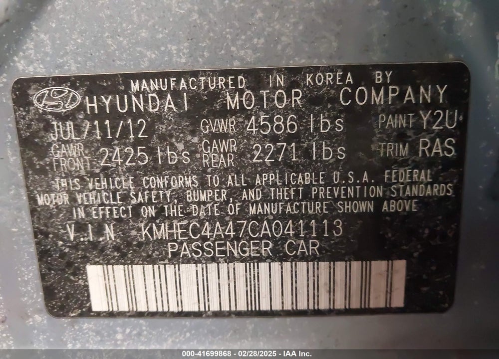 2012 HYUNDAI SONATA VIN: KMHEC4A47CA041113