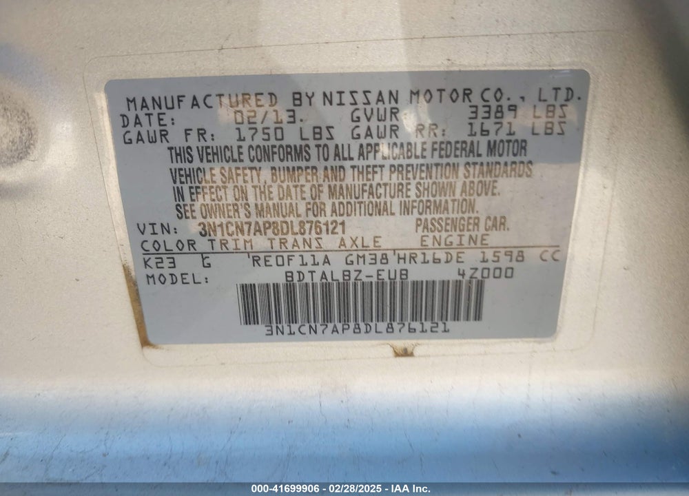 2013 NISSAN VERSA VIN: 3N1CN7AP8DL876121