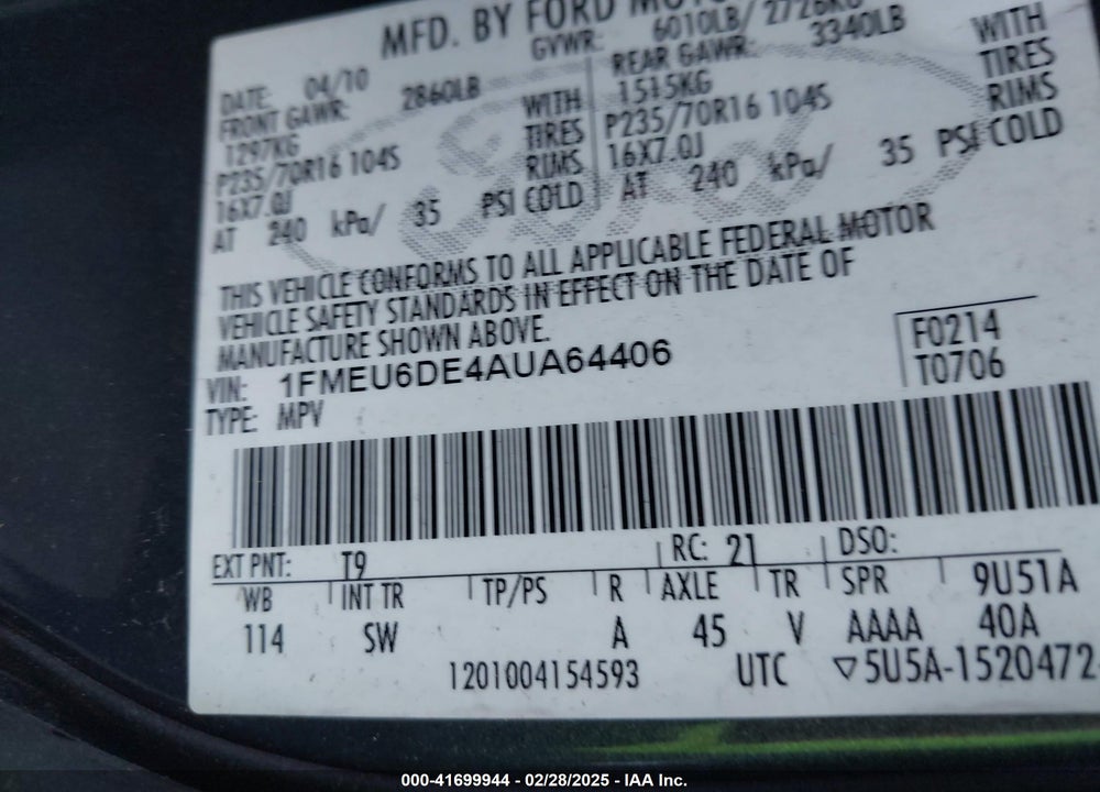 2010 FORD EXPLORER VIN: 1FMEU6DE4AUA64406