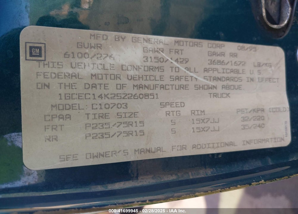 1995 CHEVROLET GMT-400 C1500 VIN: 1GCEC14K2SZ260851