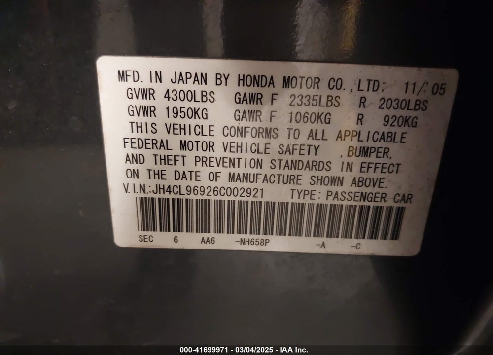 2006 ACURA TSX VIN: JH4CL96926C002921