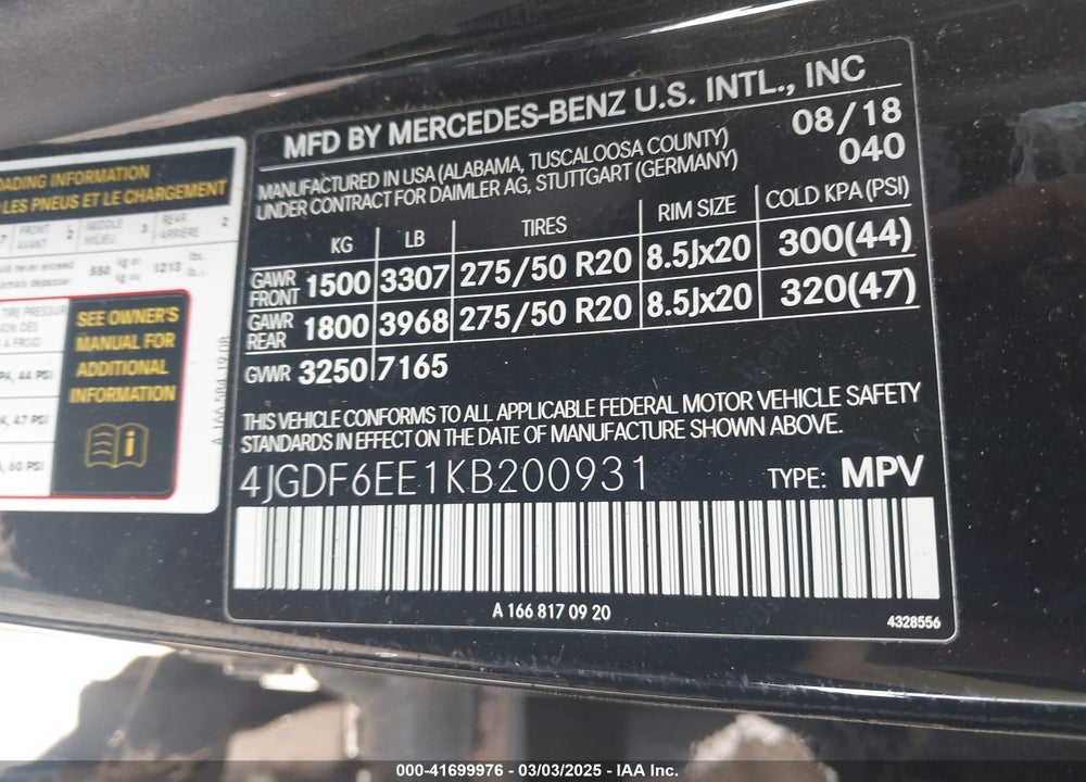 2019 MERCEDES-BENZ GLS 450 VIN: 4JGDF6EE1KB200931