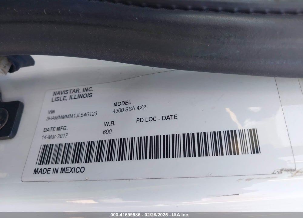 2018 INTERNATIONAL DURASTAR 4300 VIN: 3HAMMMMM1JL546123