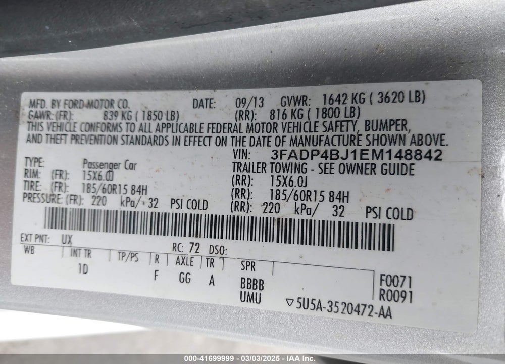 2014 FORD FIESTA SE VIN: 3FADP4BJ1EM148842