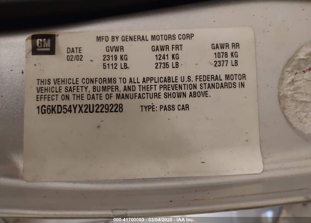 2002 CADILLAC DEVILLE STANDARD VIN: 1G6KD54YX2U229228