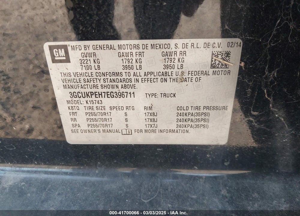 2014 CHEVROLET SILVERADO 1500 VIN: 3GCUKPEH7EG396711