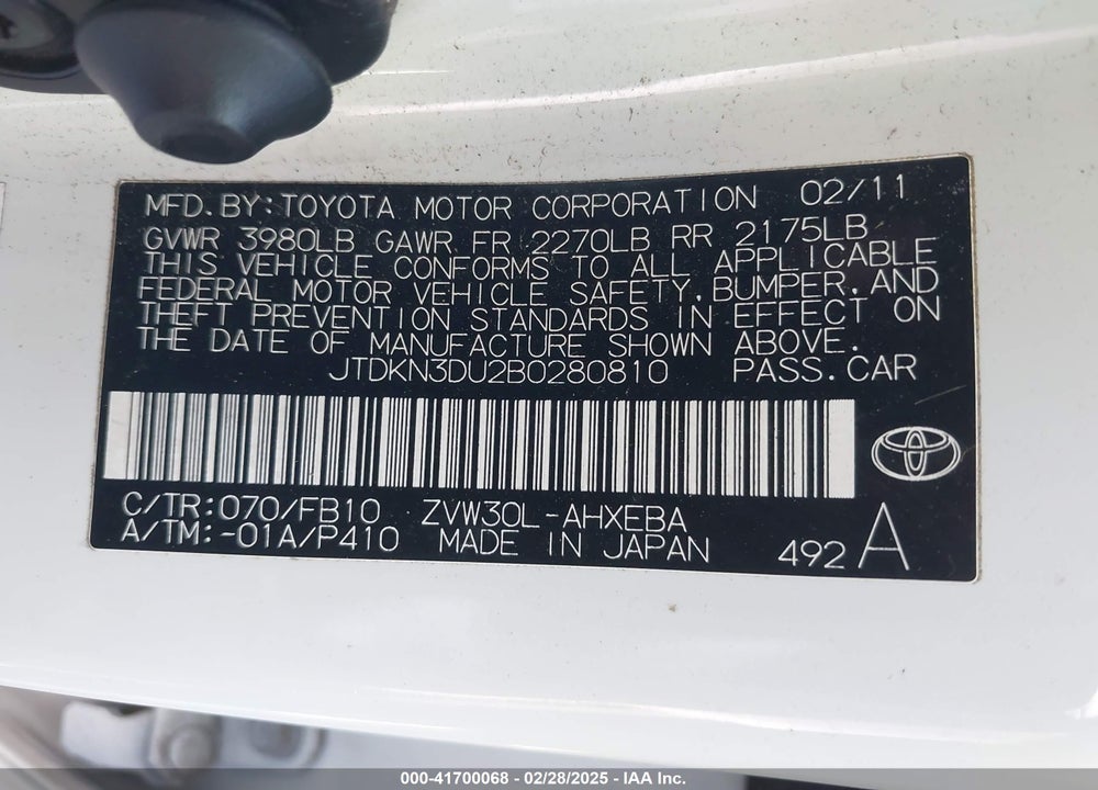 2011 TOYOTA PRIUS VIN: JTDKN3DU2B0280810