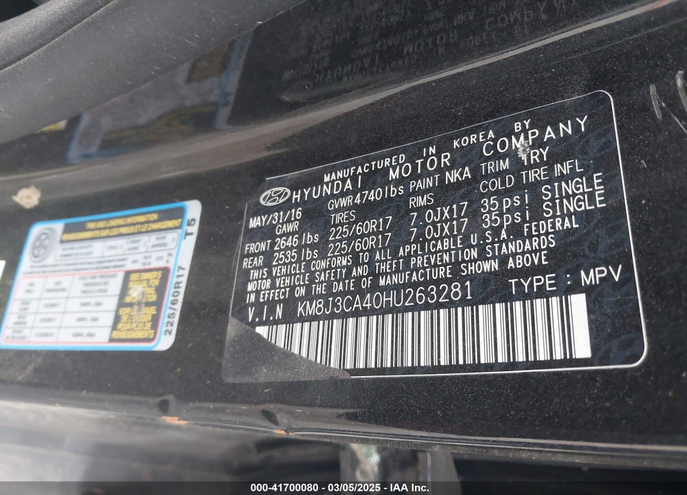 2017 HYUNDAI TUCSON VIN: KM8J3CA40HU263281
