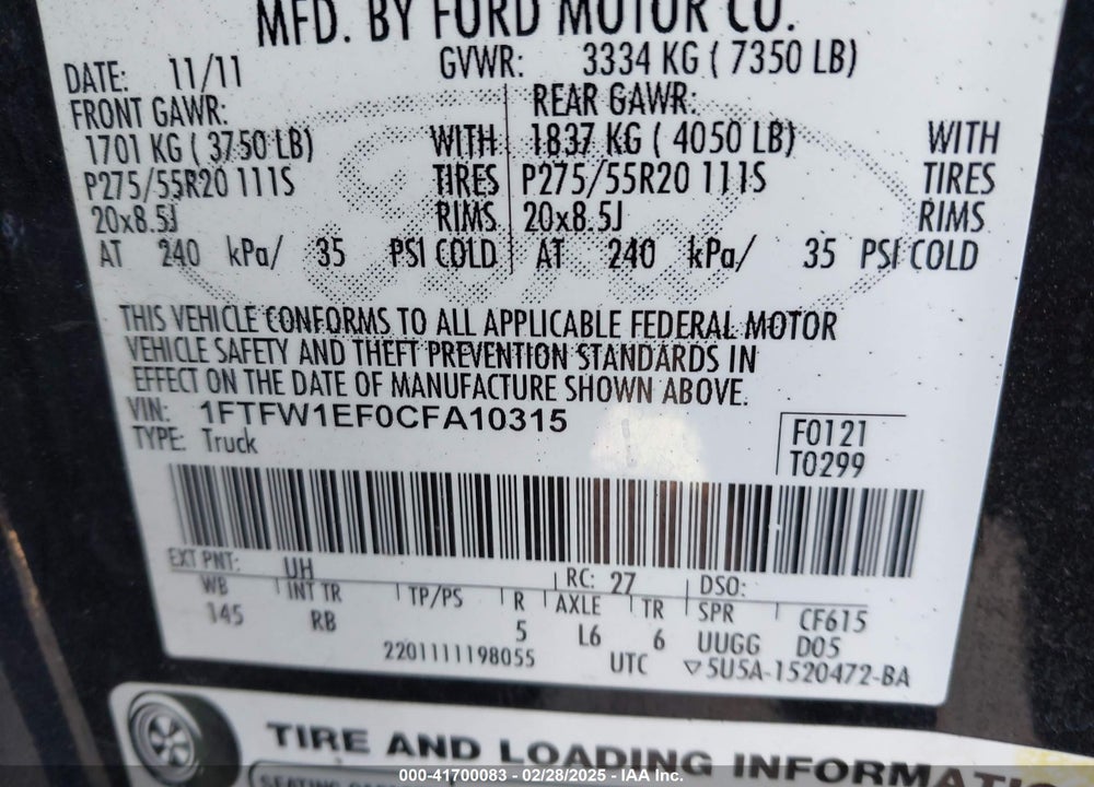 2012 FORD F-150 VIN: 1FTFW1EF0CFA10315