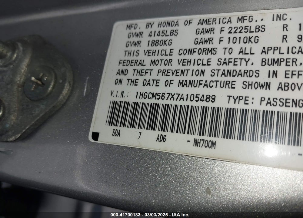 2007 HONDA ACCORD VIN: 1HGCM567X7A105489