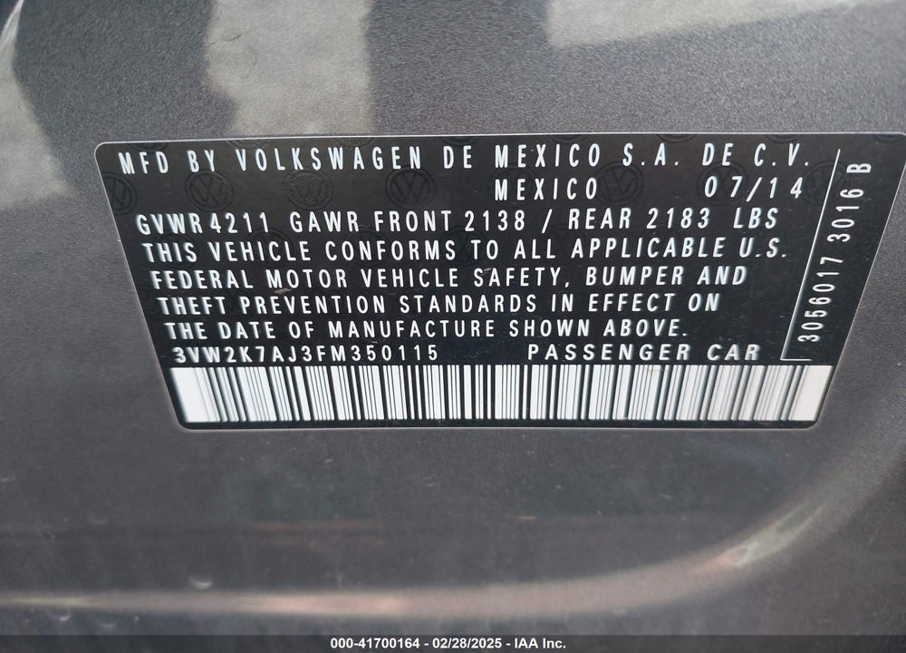 2015 VOLKSWAGEN JETTA VIN: 3VW2K7AJ3FM350115