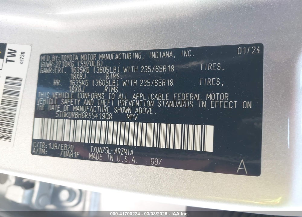 2024 TOYOTA HIGHLANDER XLE VIN: 5TDKDRBH6RS541908
