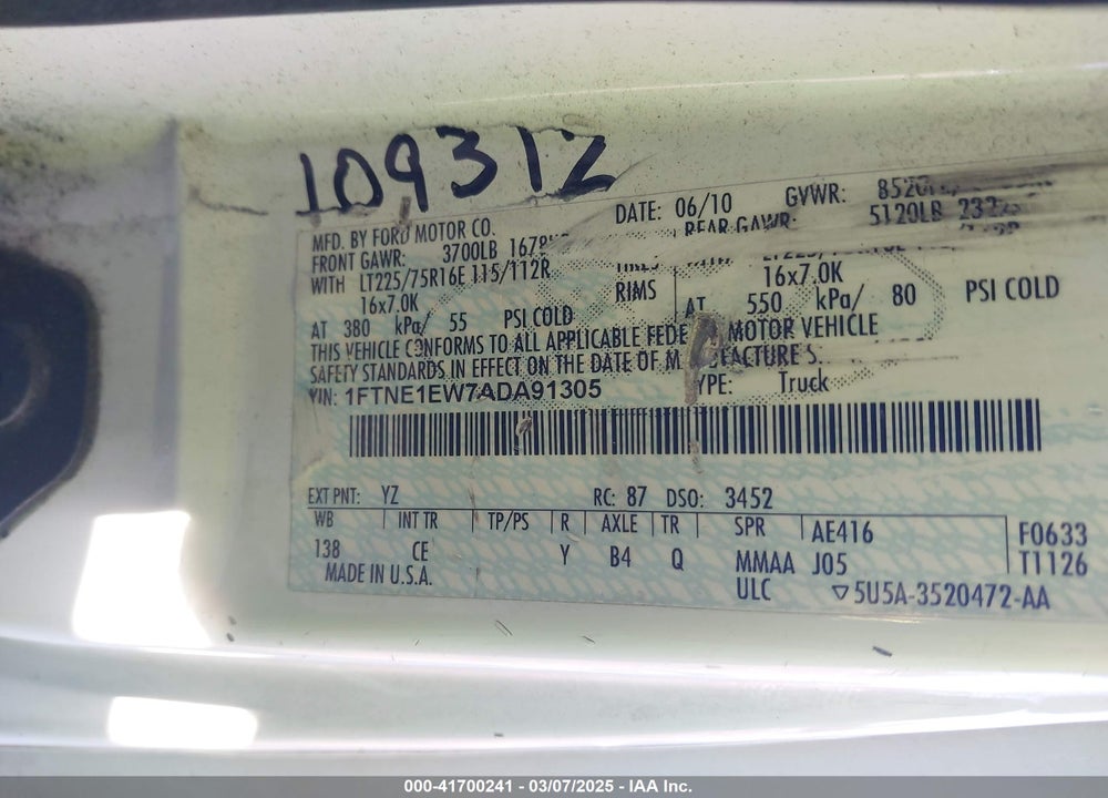 2010 FORD E-150 COMMERCIAL/RECREATIONAL VIN: 1FTNE1EW7ADA91305