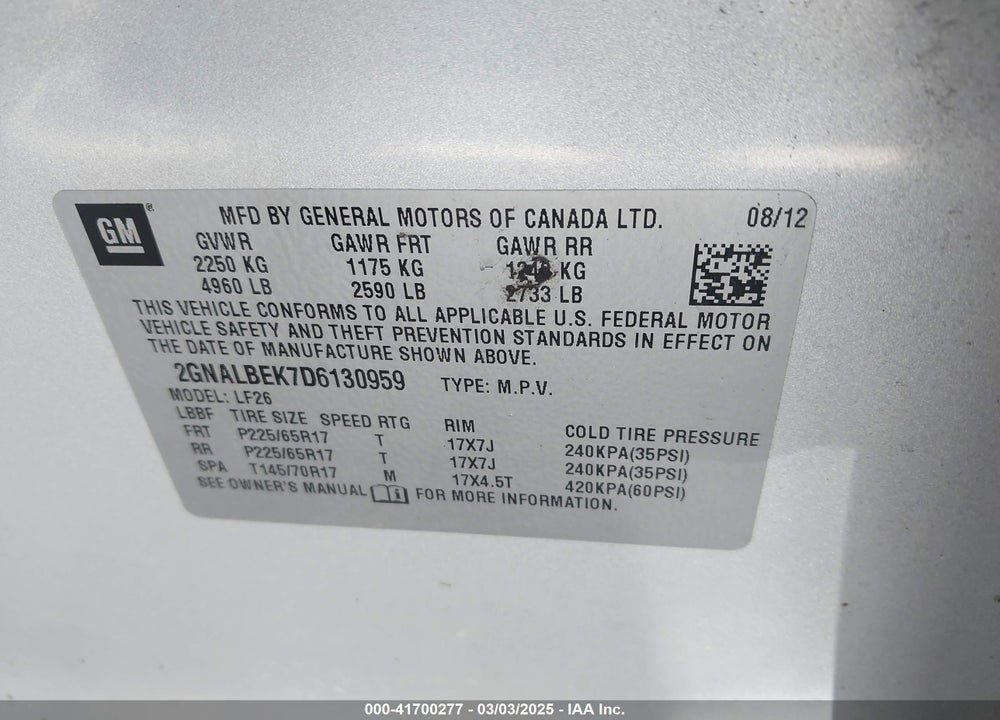 2013 CHEVROLET EQUINOX LS VIN: 2GNALBEK7D6130959