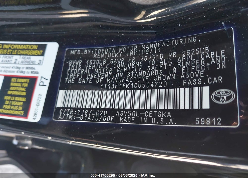 2012 TOYOTA CAMRY VIN: 4T1BF1FK1CU504720