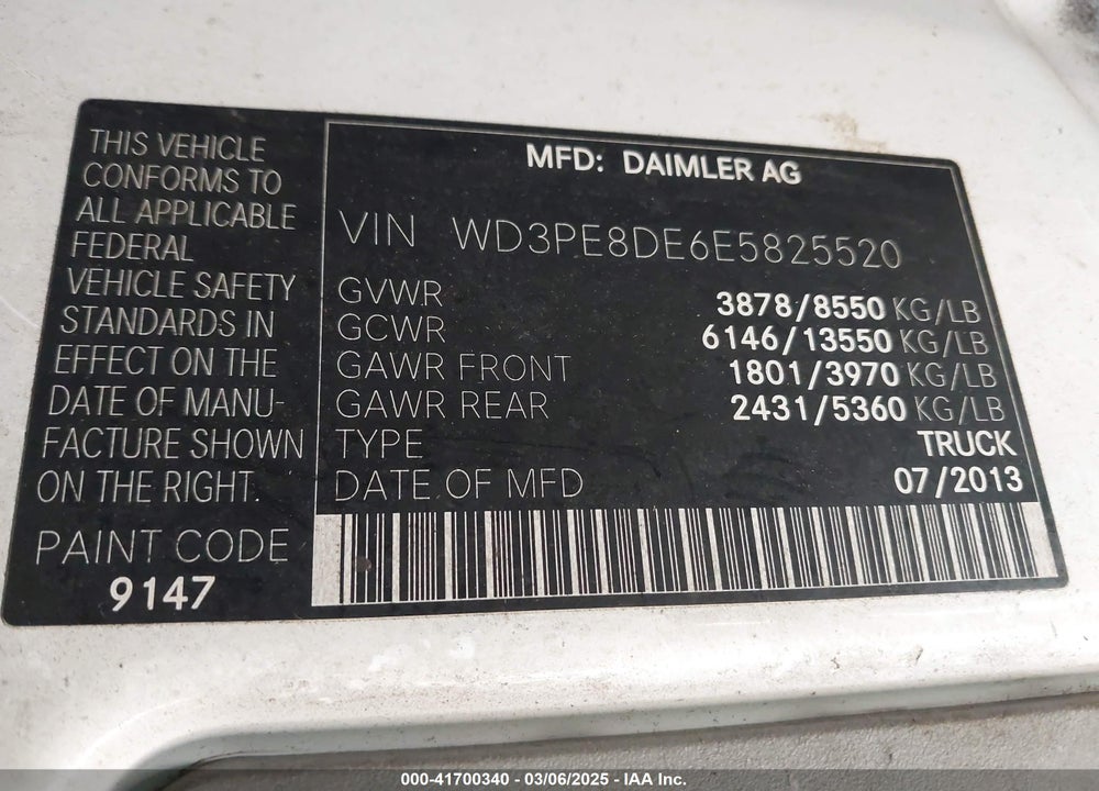2014 MERCEDES-BENZ SPRINTER 2500 HIGH ROOF VIN: WD3PE8DE6E5825520