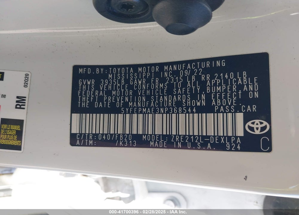 2022 TOYOTA COROLLA VIN: 5YFEPMAE3NP368544