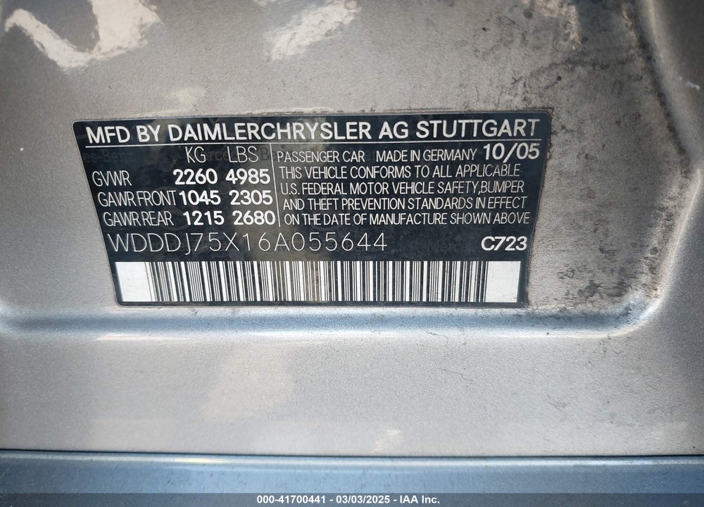 2006 MERCEDES-BENZ CLS CLASS VIN: WDDDJ75X16A055644