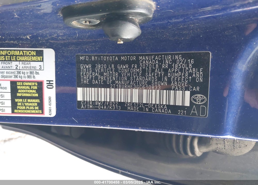2016 TOYOTA COROLLA VIN: 2T1BURHE3GC610833